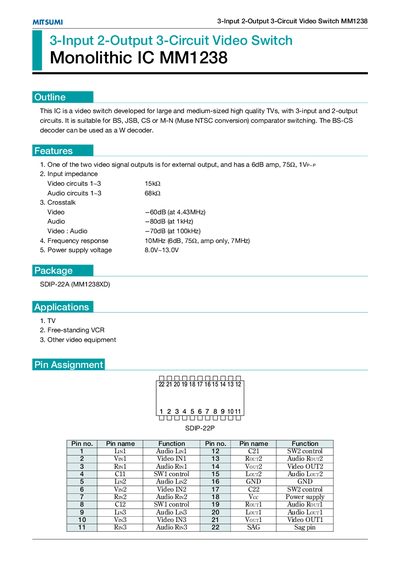 MITSUMI 3-Input 2-Output 3-Circuit Video Switch Monolithic IC MM1238 Manual - cover page