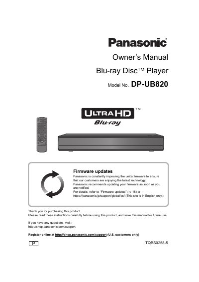 Panasonic DP-UB820 Blu-ray Disc Player Owner's Manual - cover page