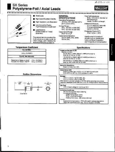 Mallory SX Series Polystyrene-Foil Axial Leads Datasheet - cover page