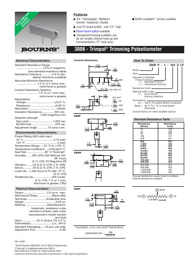Bourns 3006 Trimming Potentiometer Datasheet - cover page