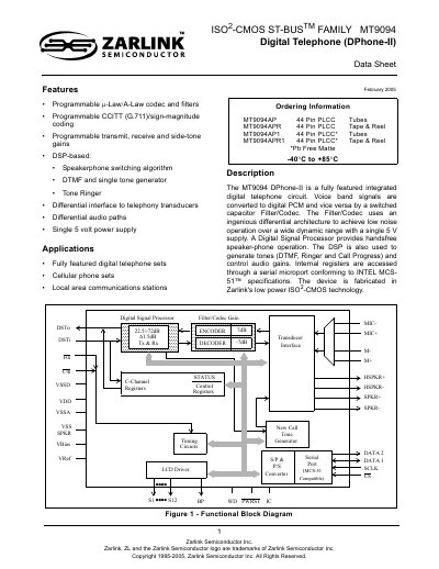 Zarlink MT9094 DPhone-II Digital Telephone Datasheet