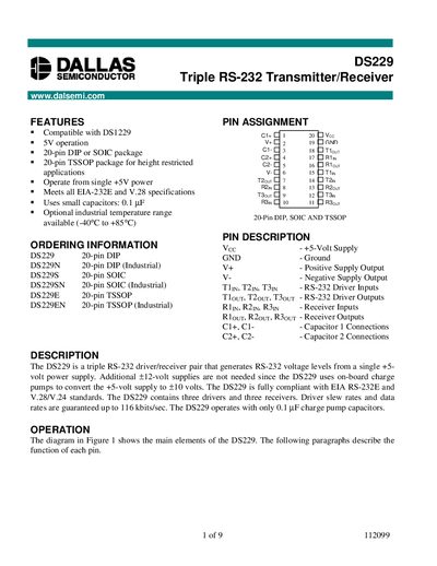Dallas DS229 Triple RS-232 Transmitter/Receiver Datasheet - cover page
