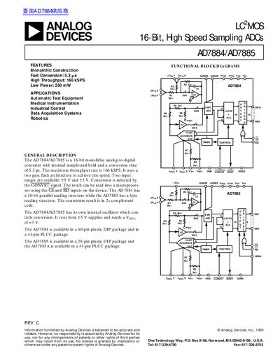 Analog Devices AD7884/AD7885 16-Bit High Speed Sampling ADCs Datasheet - cover page