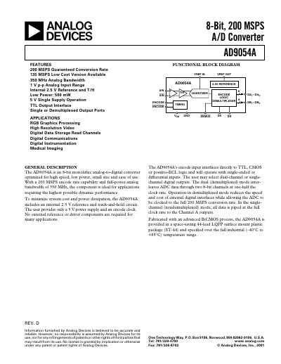 Analog Devices AD9054A 8‑Bit 200 MSPS ADC Datasheet - cover page