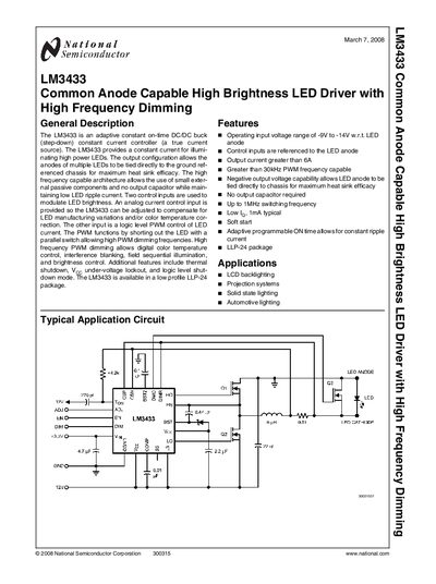 National Semiconductor LM3433 High Brightness LED Driver Datasheet - cover page