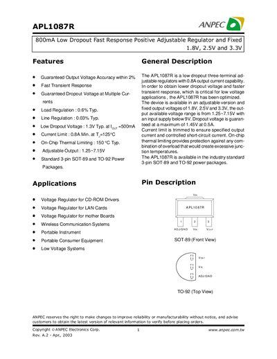 ANPEC APL1087R Datasheet - cover page