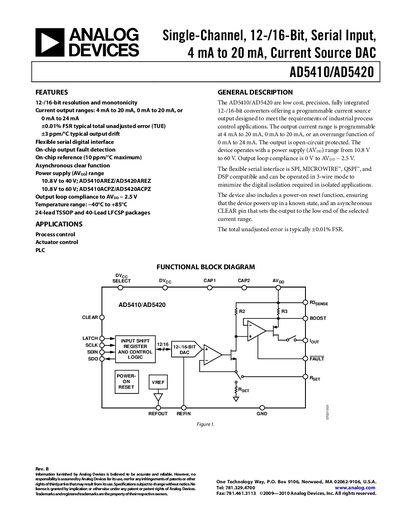 Analog Devices AD5410/AD5420 Current Output DAC Datasheet - cover page