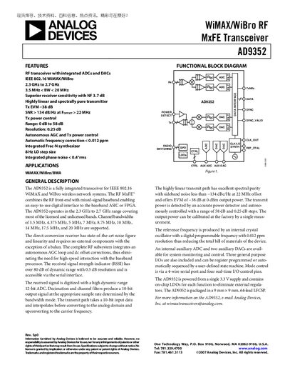 Analog Devices AD9352 WiMAX/WiBro RF MxFE Transceiver Handbook - cover page