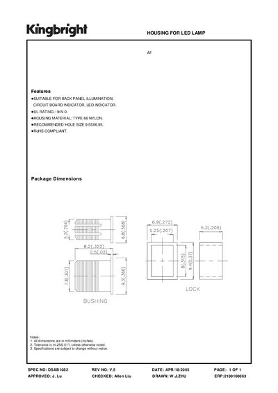 Kingbright LED Lamp Housing Datasheet - cover page