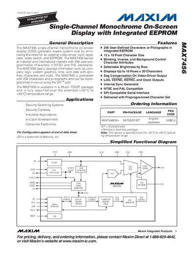 Maxim MAX7456 Single-Channel Monochrome On-Screen Display Datasheet - cover page
