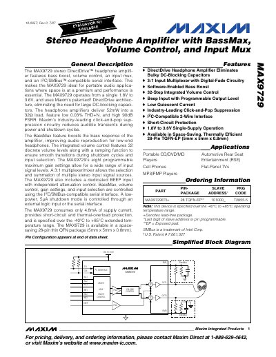 Maxim MAX9729 Stereo Headphone Amplifier Datasheet - cover page
