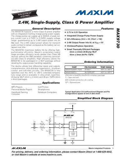 Maxim MAX9730 Single-Supply Class G Power Amplifier Datasheet - cover page