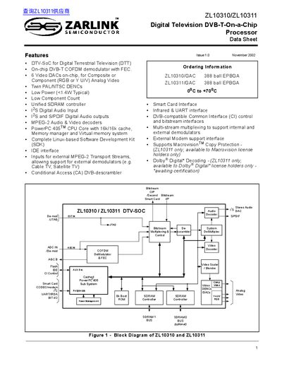 Zarlink ZL10310/ZL10311 Digital Television DVB-T-On-a-Chip Processor Datasheet - cover page