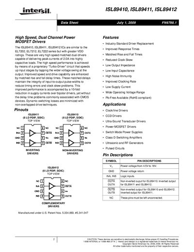 Intersil ISL89412 Dual-Channel Power MOSFET Driver Datasheet - cover page