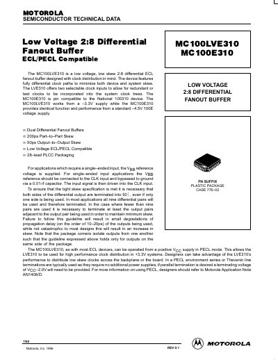 Motorola MC100LVE310/MC100E310 Low Voltage Differential Fanout Buffer Datasheet - cover page