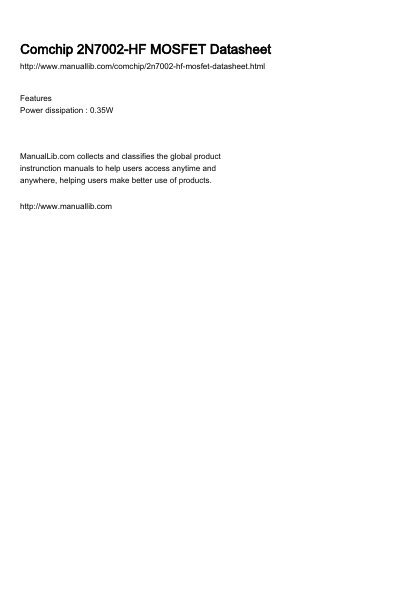 Comchip 2N7002-HF MOSFET Datasheet - cover page