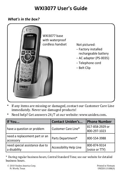 Uniden WXI3077 Waterproof Cordless Phone User's Guide - cover page