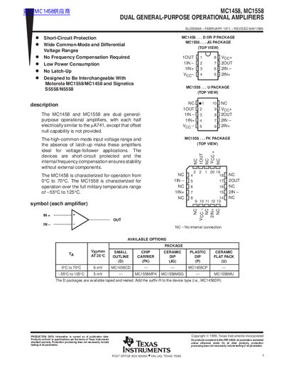 TEXAS INSTRUMENTS MC1458 MC1558 DUAL GENERAL-PURPOSE OPERATIONAL AMPLIFIERS - cover page