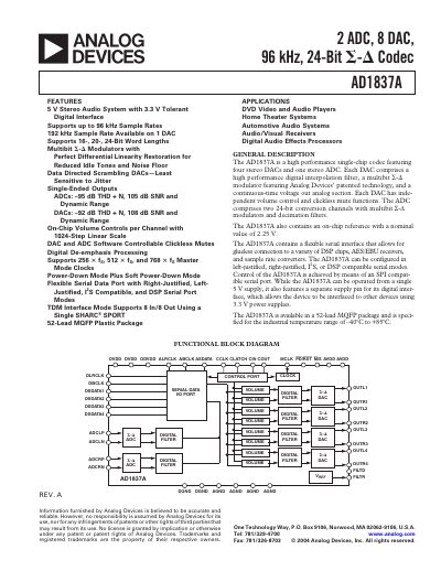 Analog Devices AD1837A Audio Codec Datasheet - cover page
