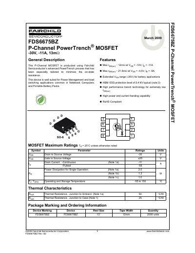 Fairchild Semiconductor FDS6675BZ P-Channel MOSFET Datasheet