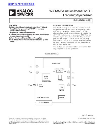 ANALOG DEVICES WCDMA Evaluation Board For PLL Frequency Synthesizer EVAL-ADF4118EB1 Manual - cover page