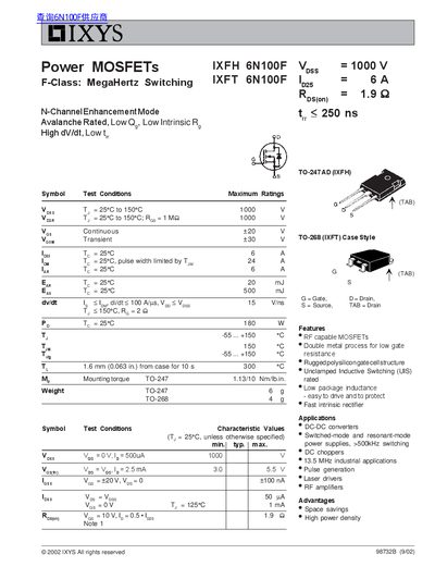 IXYS IXFH 6N100F IXFT 6N100F Power MOSFET Datasheet - cover page