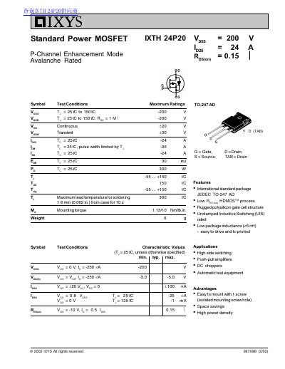 IXYS IXTH24P20 P-Channel MOSFET Datasheet - cover page