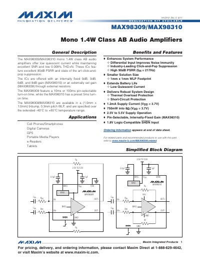 Maxim Integrated MAX98309/MAX98310 Audio Amplifier Datasheet - cover page