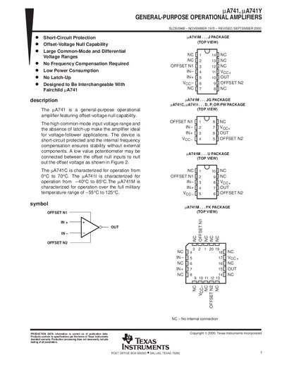 TEXAS INSTRUMENTS A741 A741Y GENERAL-PURPOSE OPERATIONAL AMPLIFIERS Manual - cover page