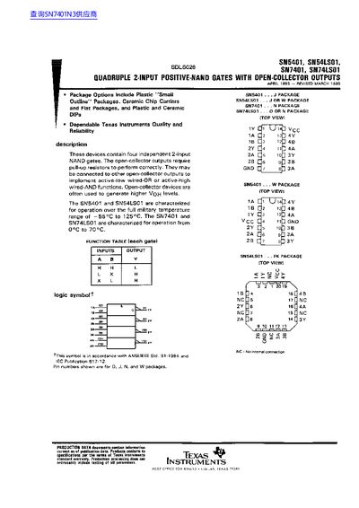 Texas Instruments SN5401/SN54LS01/SN7401/SN74LS01 Datasheet
