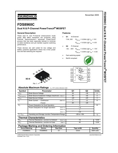 Fairchild FDS8960C Dual N & P-Channel PowerTrench MOSFET Datasheet - cover page
