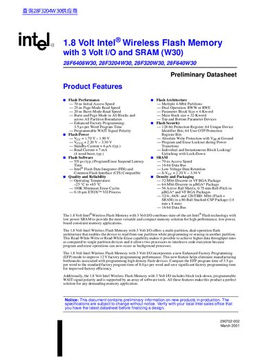 intel 1.8 Volt Intel Wireless Flash Memory with 3 Volt I/O SRAM (W30) 28F6408W30 28F3204W30 28F320W30 28F640W30 Data sheet - cover page