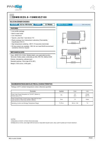 1SMB3EZ6.8~1SMB3EZ100 Silicon Zener Diode Datasheet - cover page