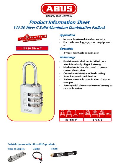 ABUS 145 20 Silver C Combination Padlock Product Information Sheet - cover page