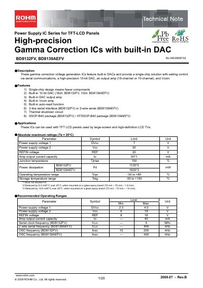 ROHM BD8139AEFV Gamma Correction IC Datasheet - cover page