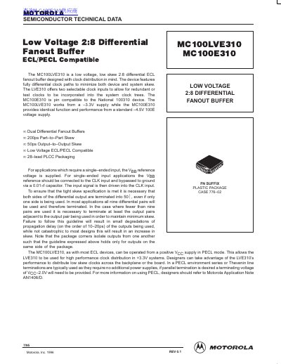 Motorola MC100LVE310/MC100E310 Low Voltage 2:8 Differential Fanout Buffer Datasheet - cover page