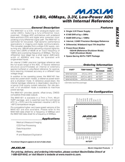 Maxim MAX1421 12‑Bit 40 Msps 3.3 V Low‑Power ADC with Internal Reference Datasheet - cover page