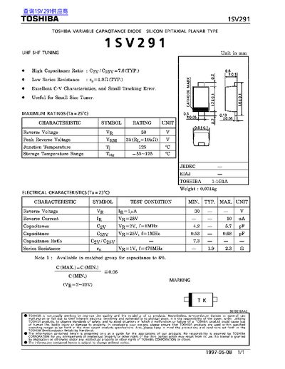 Toshiba 1SV291 Variable Capacitance Diode Datasheet - cover page