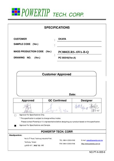 POWERTIP CORP PC0802LRS-AWA-B-Q PC 95016(Ver.A) handbook - cover page