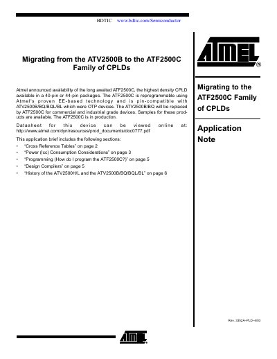 ATMEL Migrating from the ATV2500B to the ATF2500C Family of CPLDs Manual - cover page