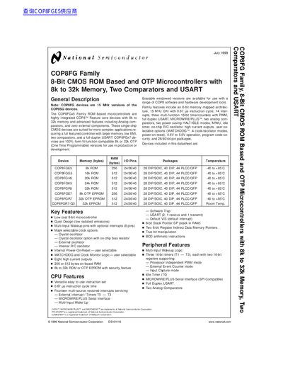 National Semiconductor COP8FG Family 8-Bit CMOS ROM Based OTP Microcontrollers with 8k to 32k Memory Two Comparators USART handbook - cover page