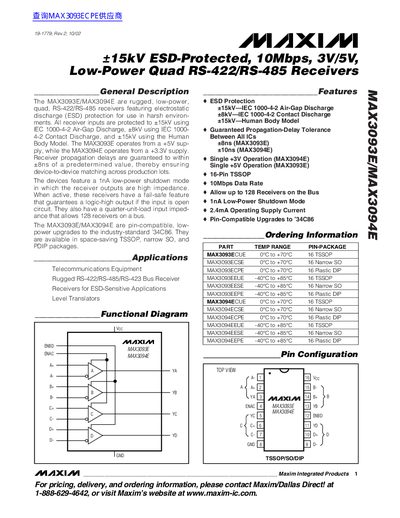 Maxim MAX3093E / MAX3094E Quad RS-422/RS-485 Receiver Datasheet - cover page