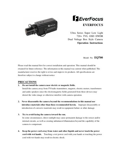 EverFocus EQ700 Ultra Series Super Low Light Camera Operation Instructions - cover page
