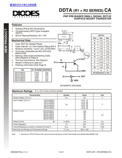 Diodes Incorporated DDTA Series PNP Transistor Datasheet - cover page