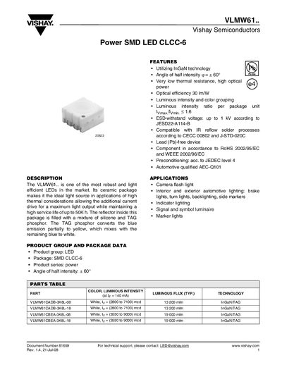 Vishay VLMW61.. LED Datasheet - cover page