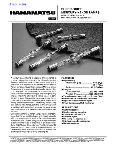 Hamamatsu BiDL2421 WA Super-Quiet Mercury-Xenon Lamps Product Leaflet - cover page