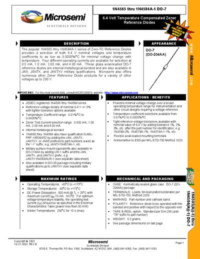 Microsemi 1N4565 through 1N4584A-1 DO-7 Zener Reference Diodes Datasheet - cover page
