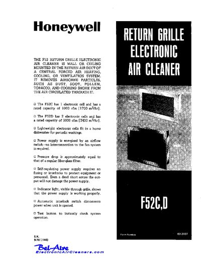 Honeywell F52C/F52D Return Grille Electronic Air Cleaner Installation Guide - cover page