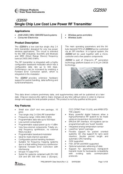 Texas Instruments CC2550 RF Transmitter Data Sheet - cover page