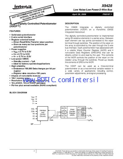 Intersil X9428 Digitally Controlled Potentiometer Datasheet - cover page
